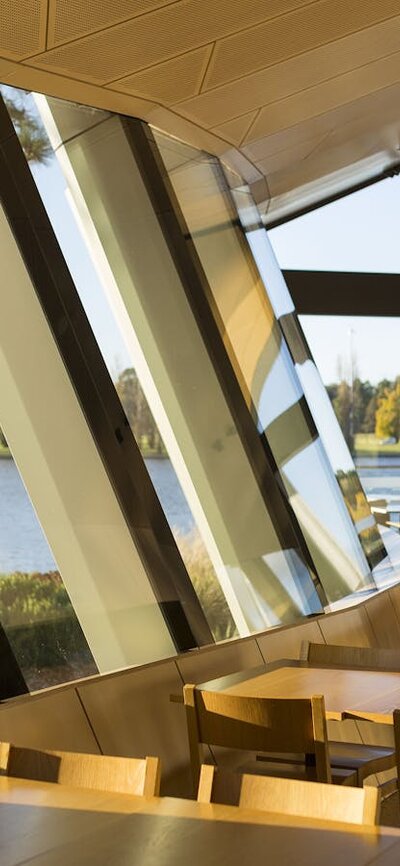 The stunning lakefront view from the Museum Cafe at the National Museum of Australia, Canberra.