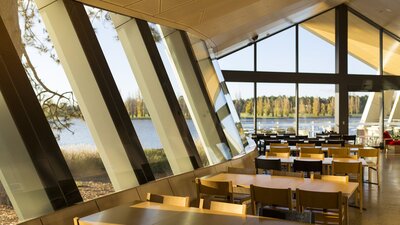 The stunning lakefront view from the Museum Cafe at the National Museum of Australia, Canberra.