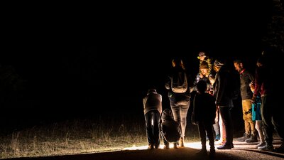 A group of guests on a twilight Tour, spotlighting